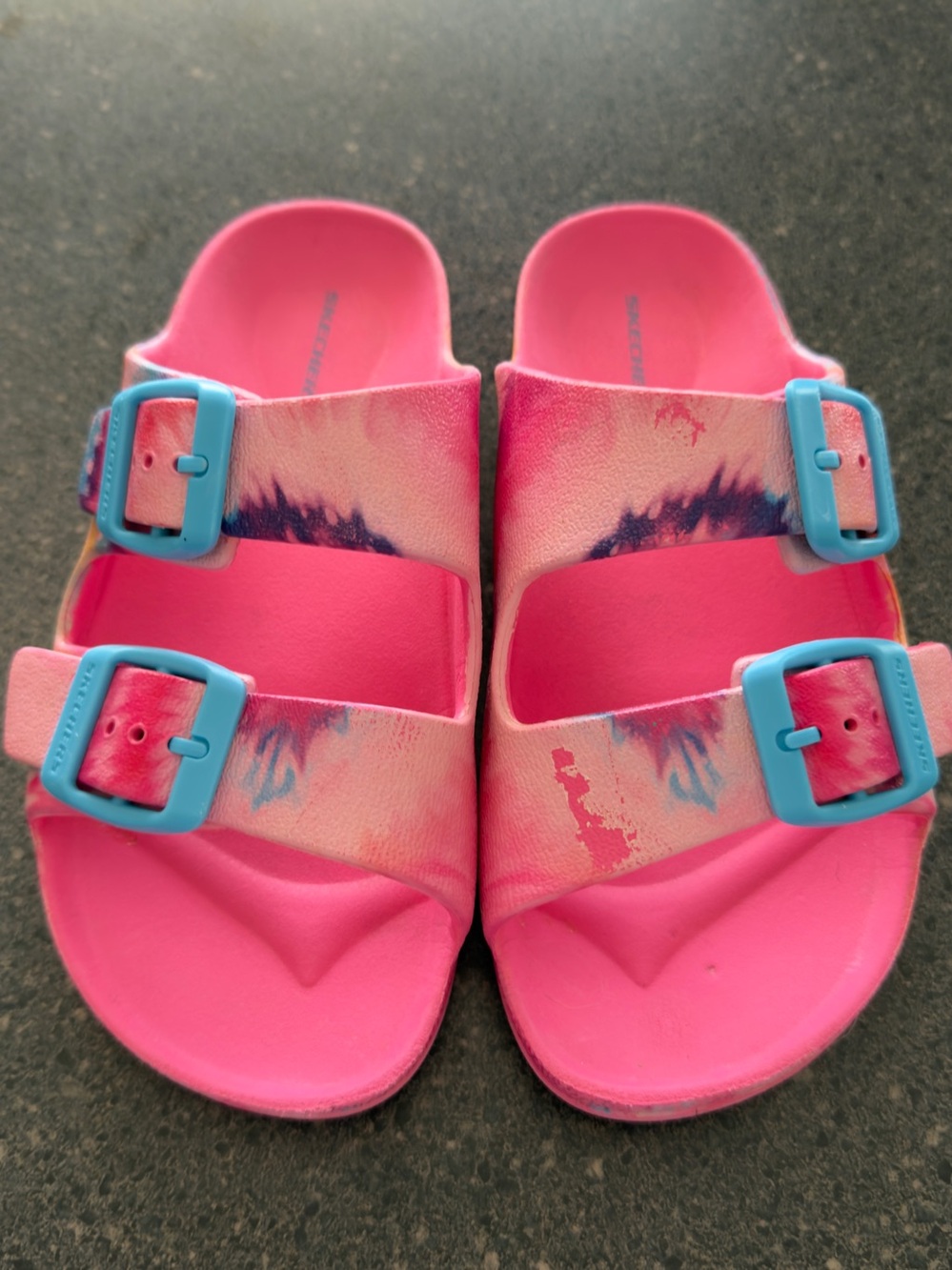 Skechers Pink Tie-Dye Slide Sandals with Blue Buckles 1